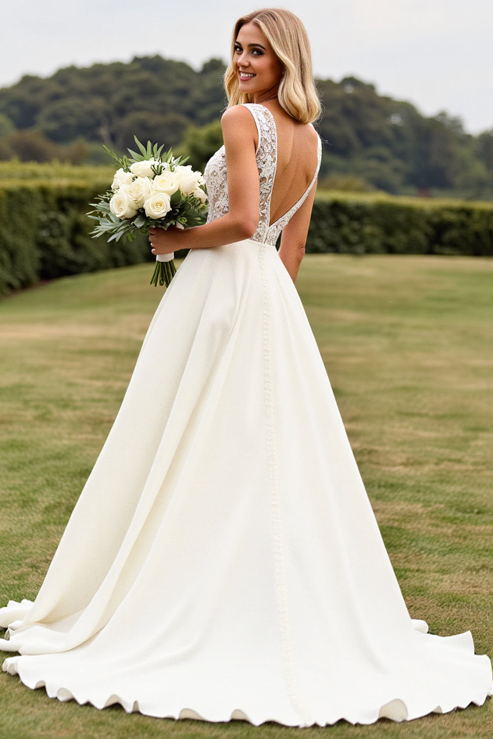 Ivory V-Neck A Line Lace Wedding Dress With Slit