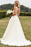 Ivory V-Neck A Line Lace Wedding Dress With Slit