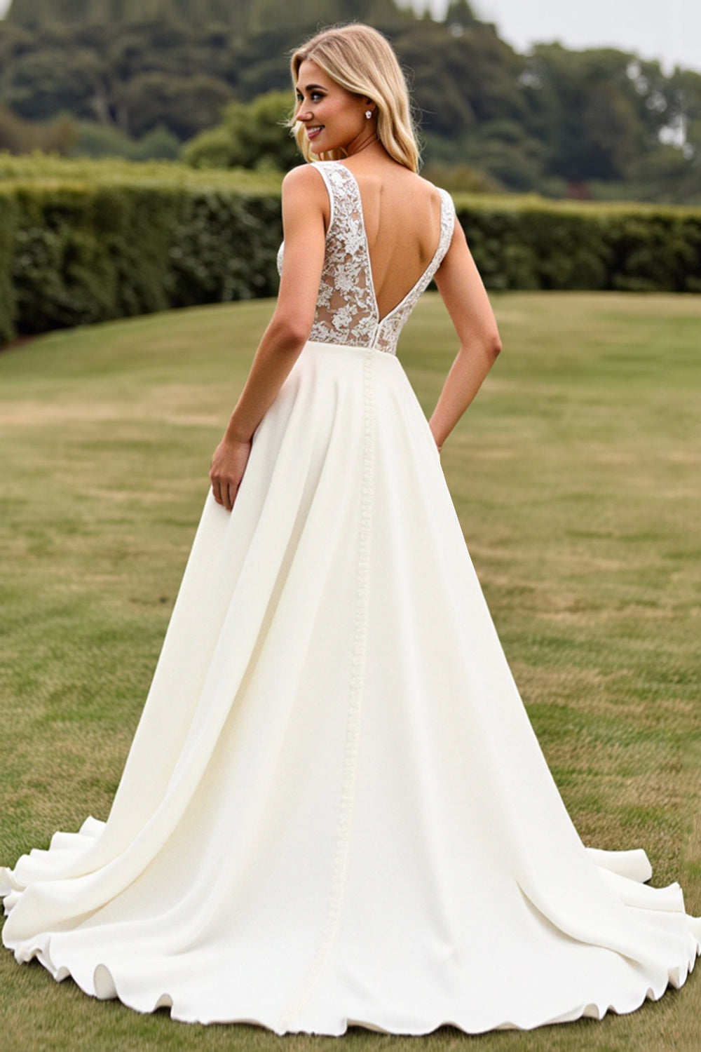 Ivory V-Neck A Line Lace Wedding Dress With Slit