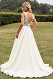 Ivory V-Neck A Line Lace Wedding Dress With Slit
