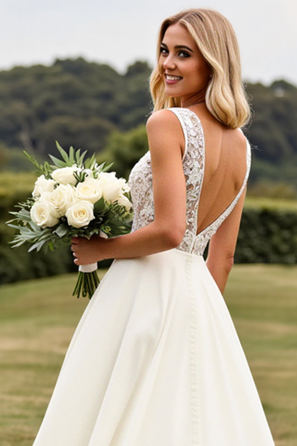 Ivory V-Neck A Line Lace Wedding Dress With Slit