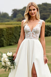 Ivory V-Neck A Line Lace Wedding Dress With Slit