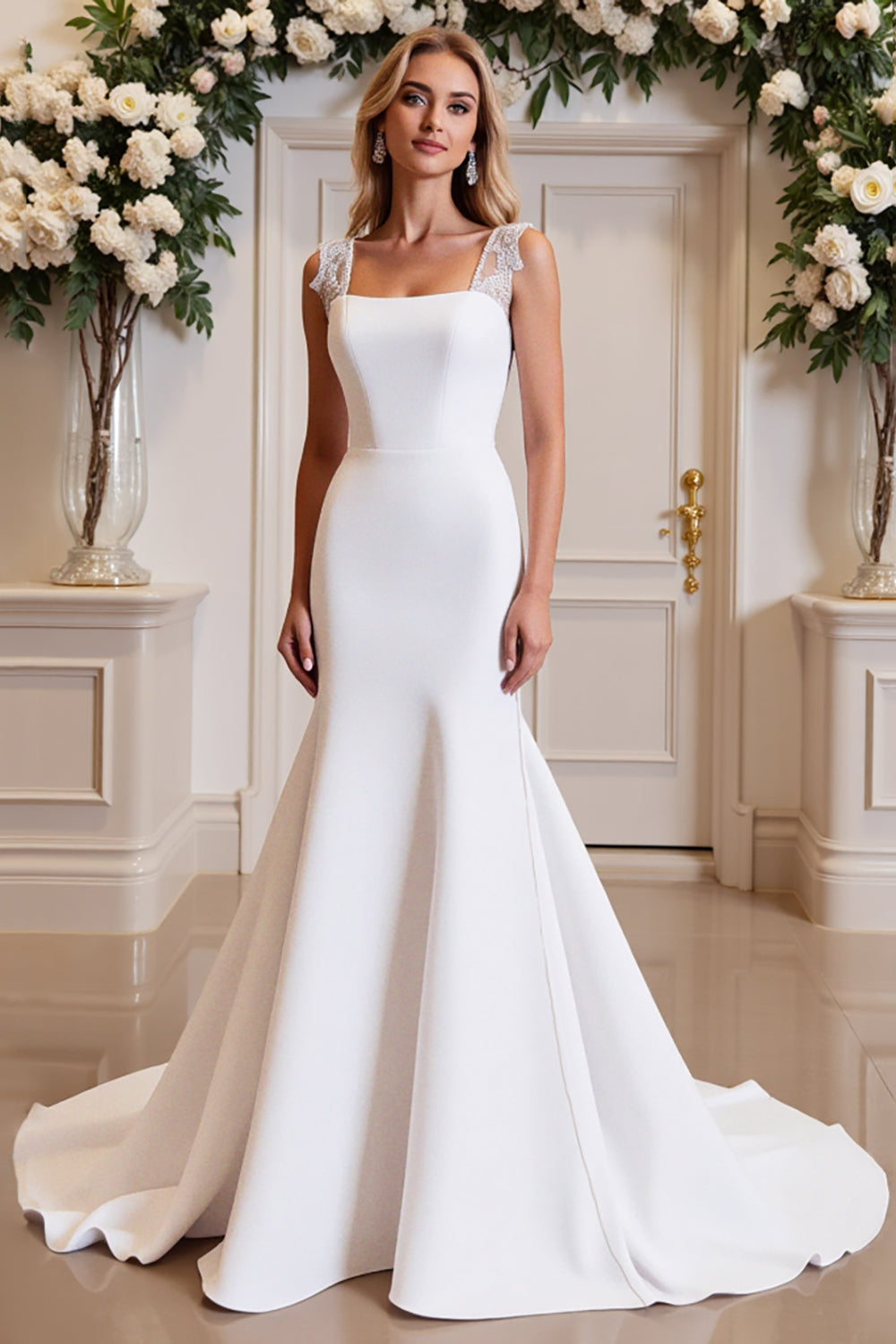 White Satin Long Mermaid Wedding Dress With Lace