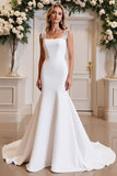 White Satin Long Mermaid Wedding Dress With Lace