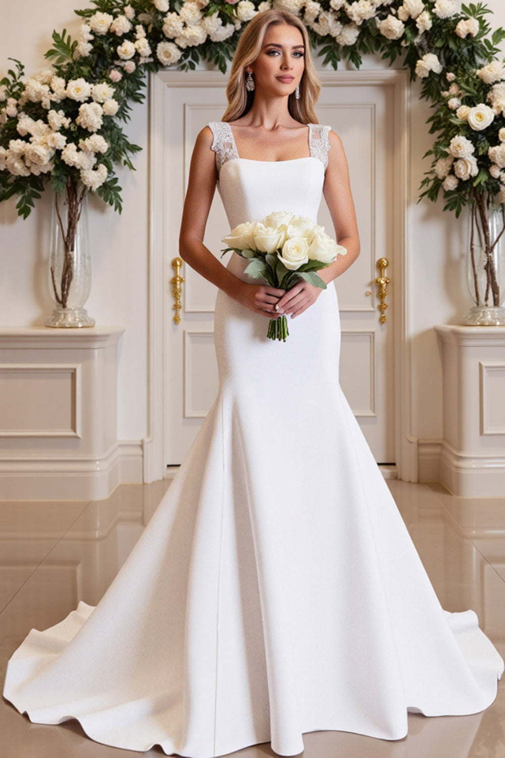 White Satin Long Mermaid Wedding Dress With Lace