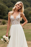 Ivory A Line Spaghetti Straps Chiffon Lace Wedding Dress