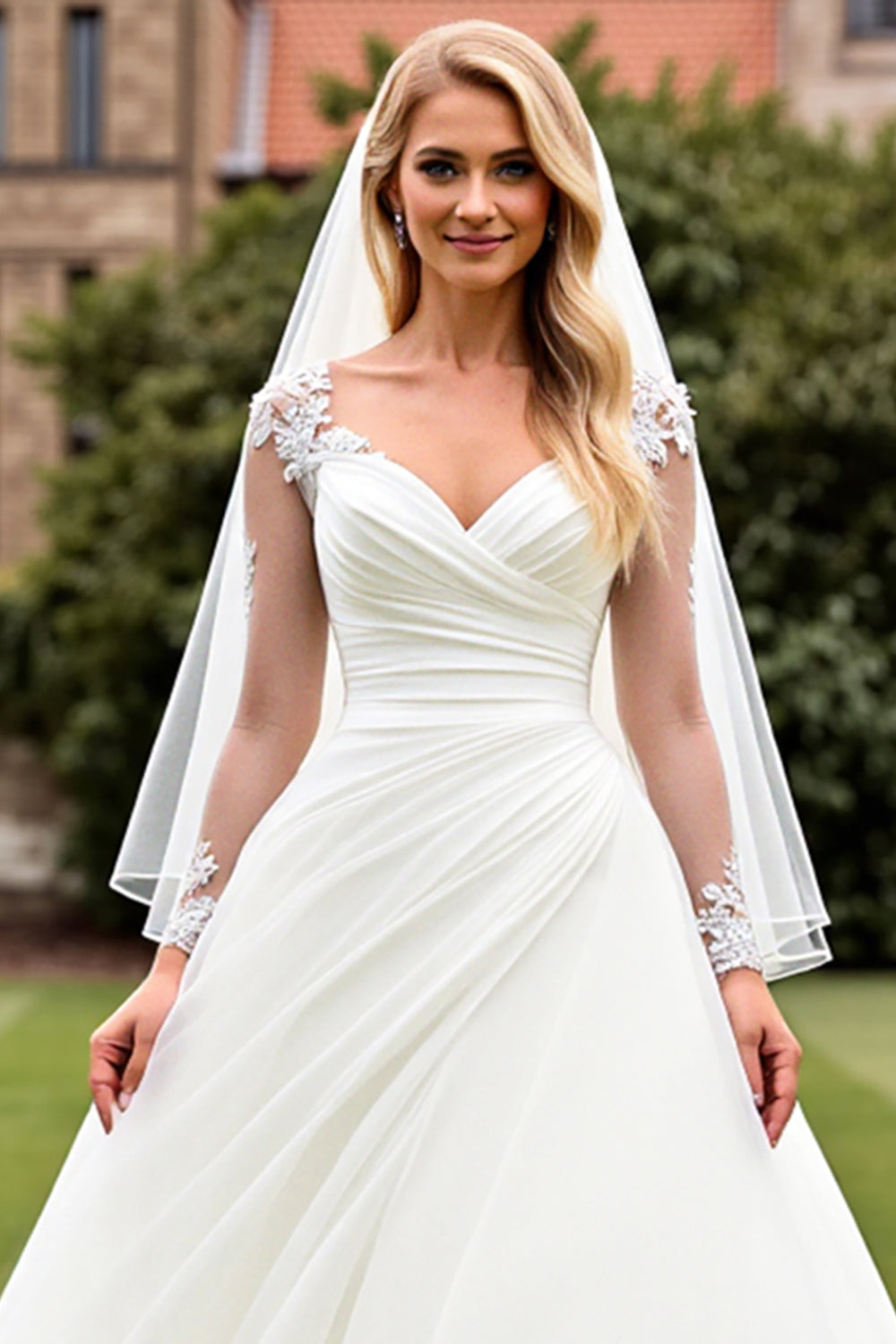 Ivory A Line Appliques Long Sleeve Wedding Dress