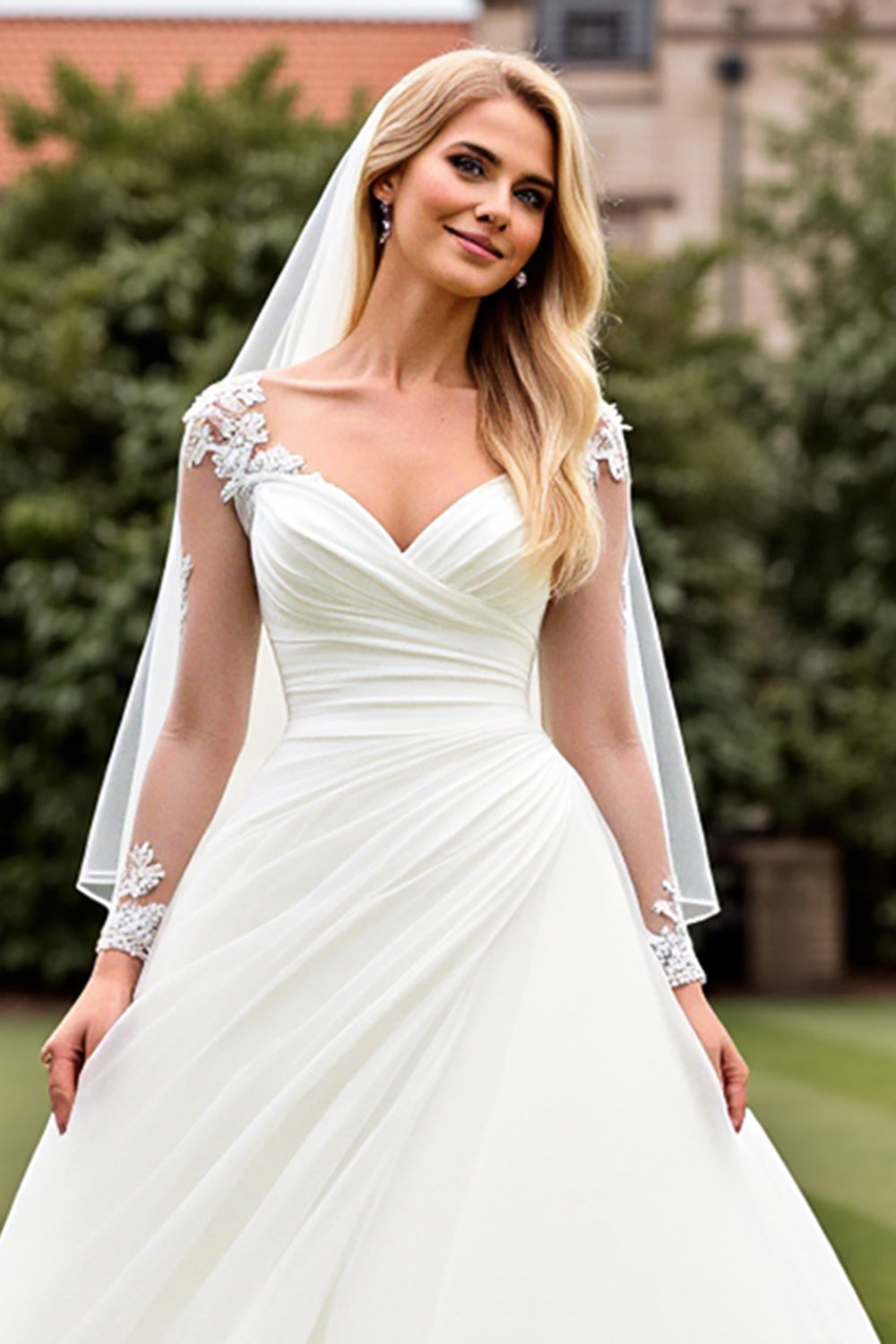 Ivory A Line Appliques Long Sleeve Wedding Dress