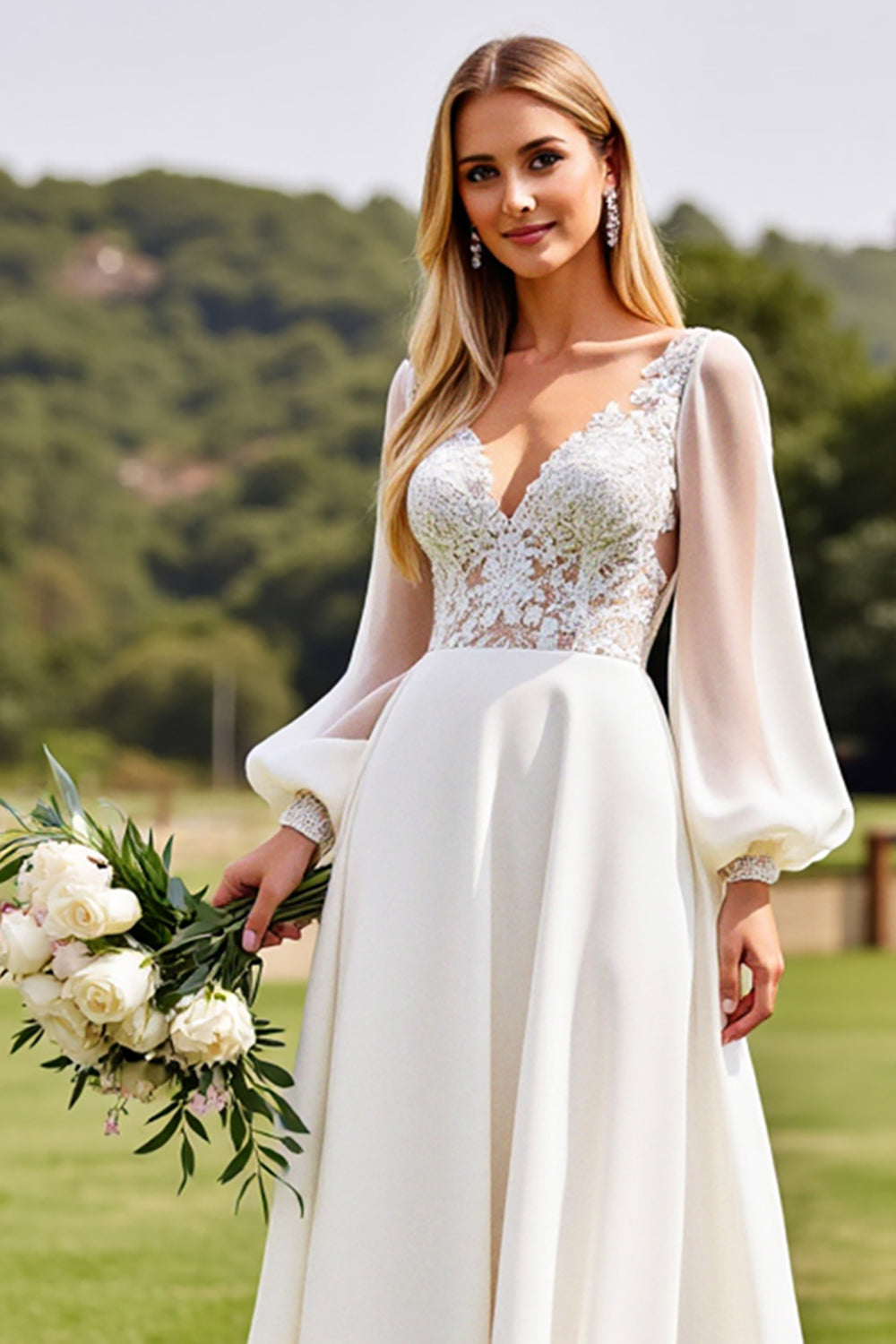 Ivory A Line Lace Appliques Long Sleeve Wedding Dress