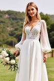 Ivory A Line Lace Appliques Long Sleeve Wedding Dress