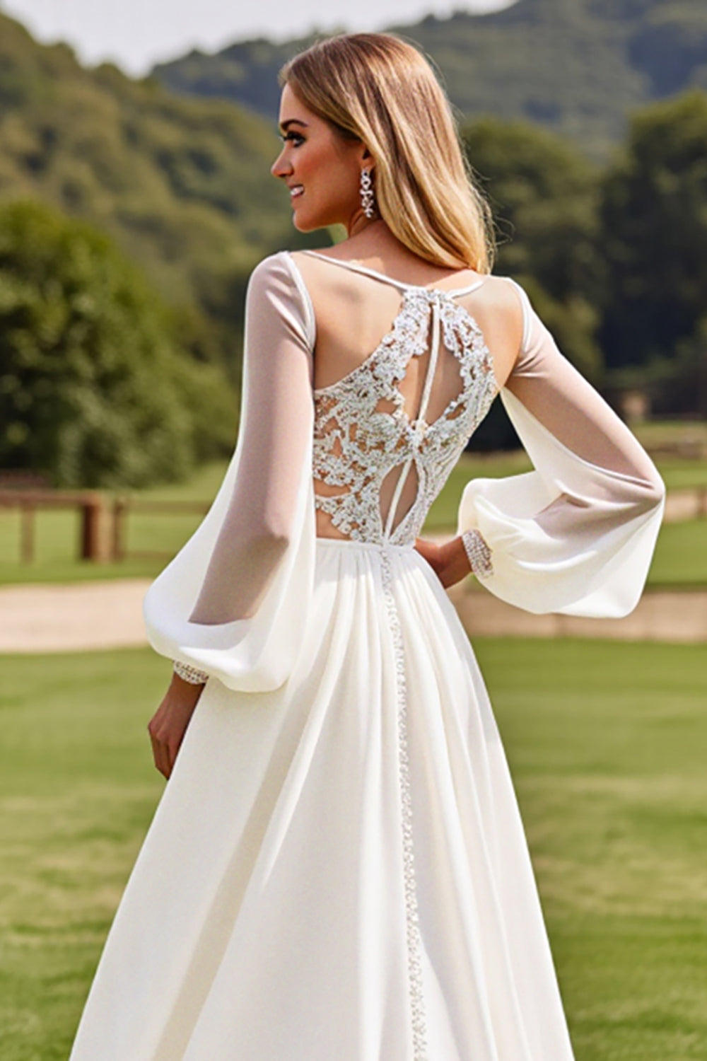 Ivory A Line Lace Appliques Long Sleeve Wedding Dress
