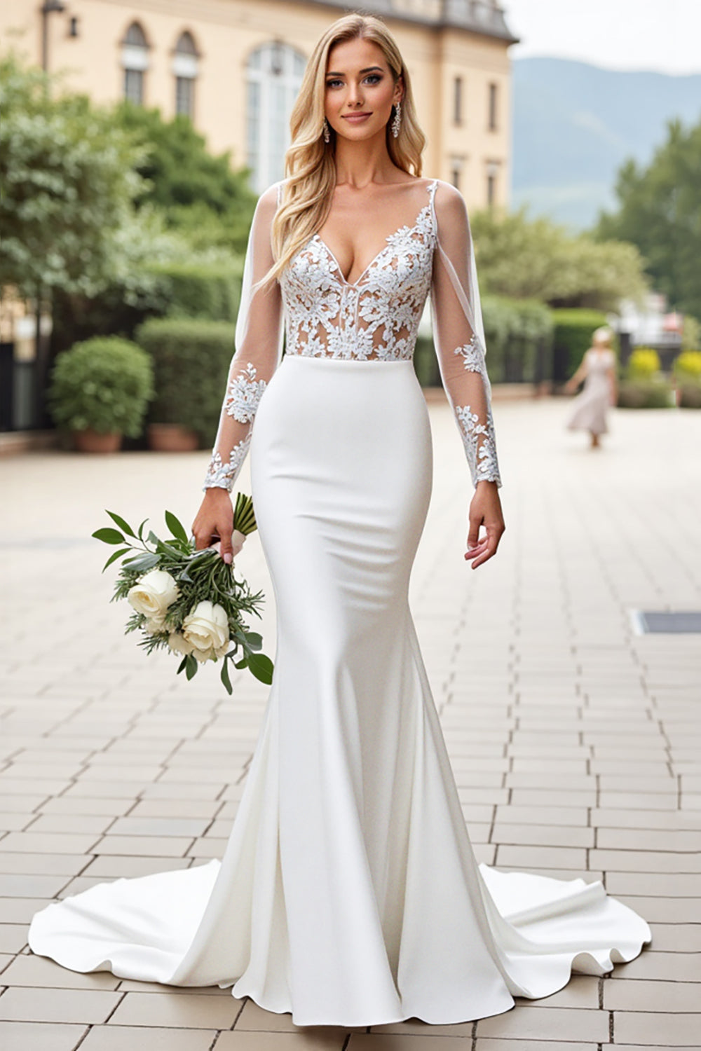 Ivory V-Neck Appliques Lace Mermaid Wedding Dress with Long Sleeves