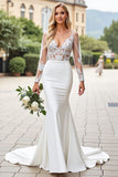 Ivory V-Neck Appliques Lace Mermaid Wedding Dress with Long Sleeves
