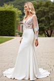 Ivory V-Neck Appliques Lace Mermaid Wedding Dress with Long Sleeves