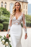 Ivory V-Neck Appliques Lace Mermaid Wedding Dress with Long Sleeves