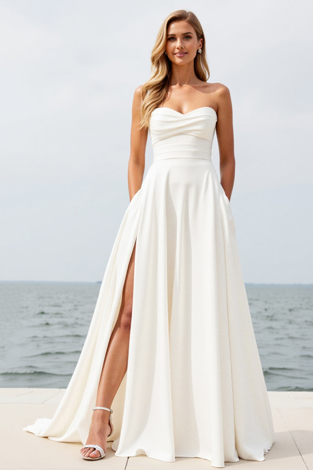 Strapless Ivory A Line Wedding Dress with Slit