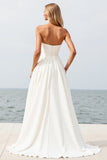 Strapless Ivory A Line Wedding Dress with Slit