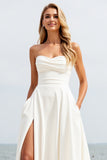 Strapless Ivory A Line Wedding Dress with Slit