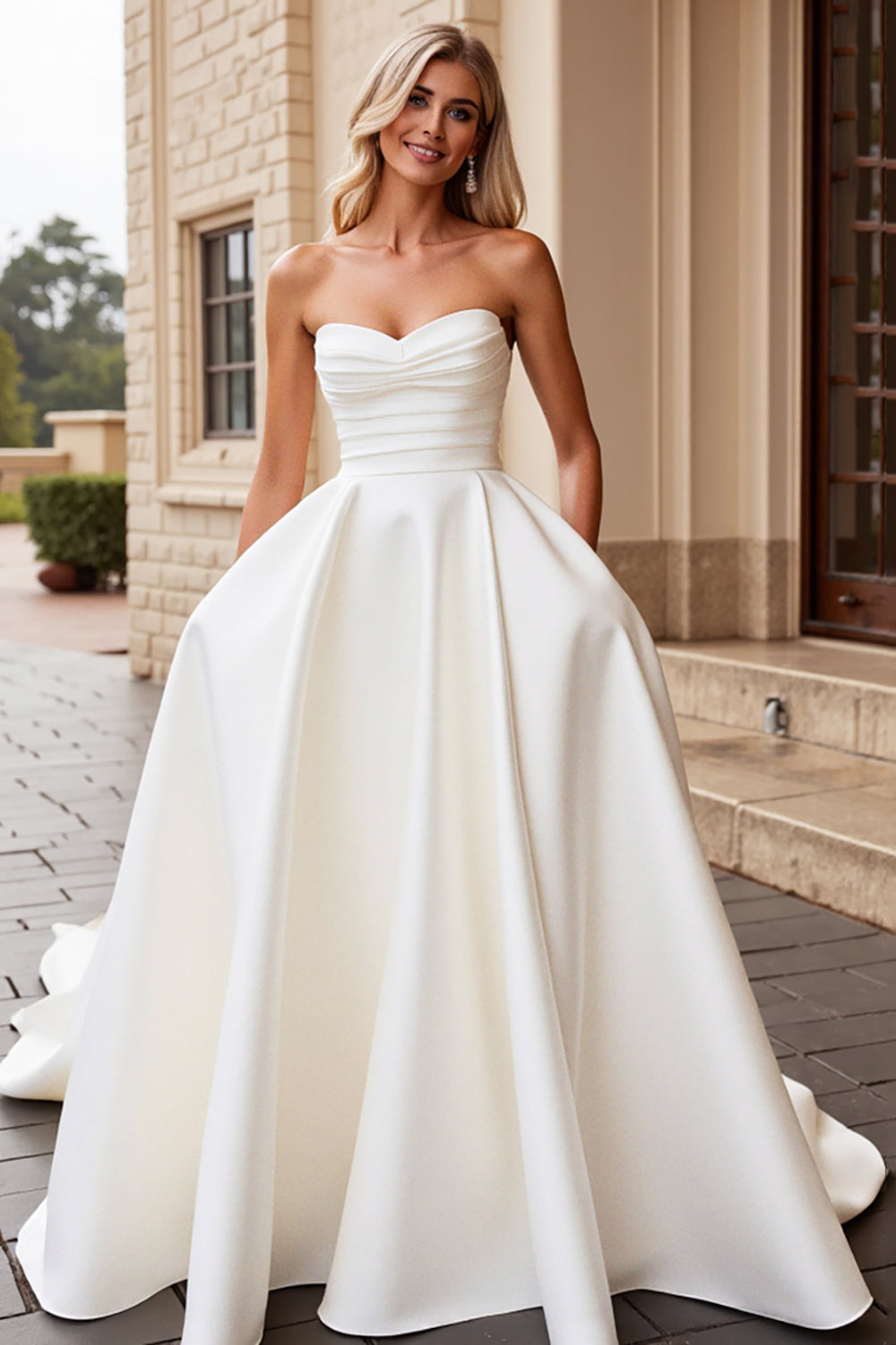 Strapless Ivory Satin A Line Wedding Dress