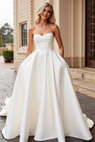 Strapless Ivory Satin A Line Wedding Dress