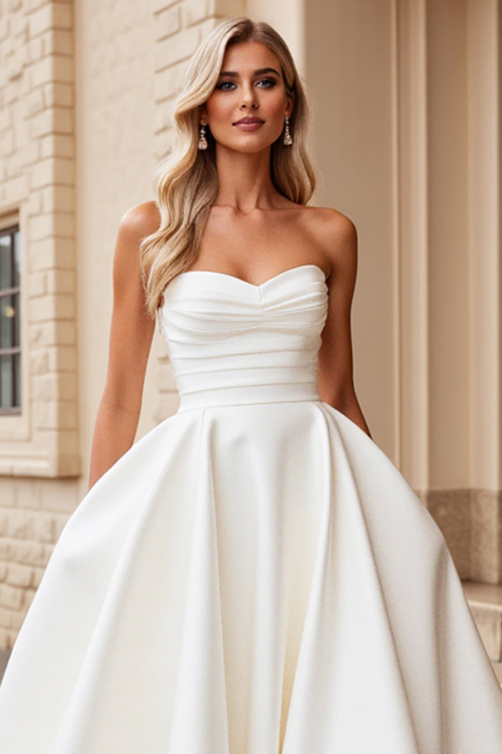 Strapless Ivory Satin A Line Wedding Dress