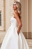 Strapless Ivory Satin A Line Wedding Dress