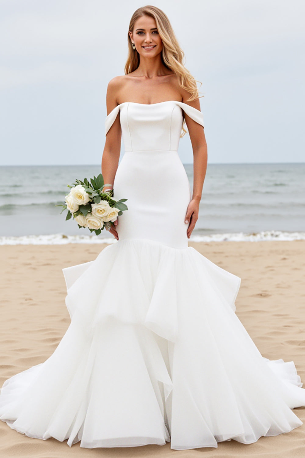 Off The Shoulder Ivory Ruffles Mermaid Wedding Dress