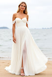 Off The Shoulder Ivory A Line Wedding Dress With Slit
