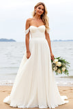 Off The Shoulder Ivory A Line Wedding Dress With Slit