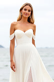 Off The Shoulder Ivory A Line Wedding Dress With Slit