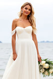 Off The Shoulder Ivory A Line Wedding Dress With Slit