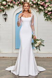 Long Sleeve Mermaid Square Neck White Wedding Dress With Lace