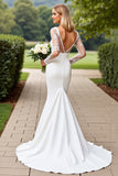 Long Sleeve Mermaid Square Neck White Wedding Dress With Lace