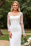 Long Sleeve Mermaid Square Neck White Wedding Dress With Lace
