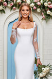 Long Sleeve Mermaid Square Neck White Wedding Dress With Lace