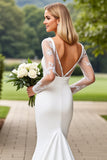 Long Sleeve Mermaid Square Neck White Wedding Dress With Lace