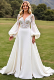 Ivory A Line Lace Puff Long Sleeve Wedding Dress
