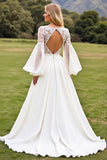 Ivory A Line Lace Puff Long Sleeve Wedding Dress