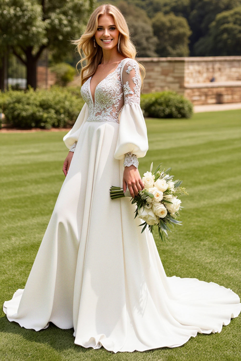 Ivory A Line Lace Puff Long Sleeve Wedding Dress