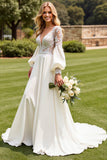Ivory A Line Lace Puff Long Sleeve Wedding Dress
