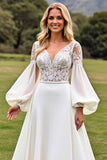 Ivory A Line Lace Puff Long Sleeve Wedding Dress