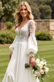 Ivory A Line Lace Puff Long Sleeve Wedding Dress