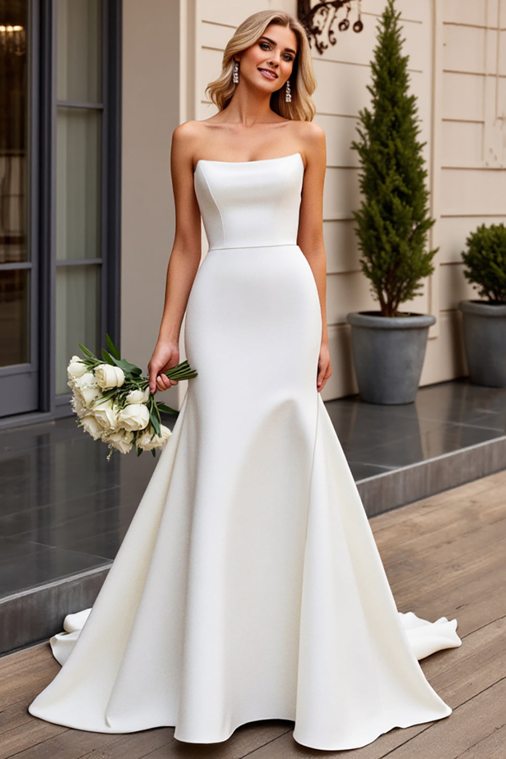 Ivory Strapless Satin Mermaid Wedding Dress
