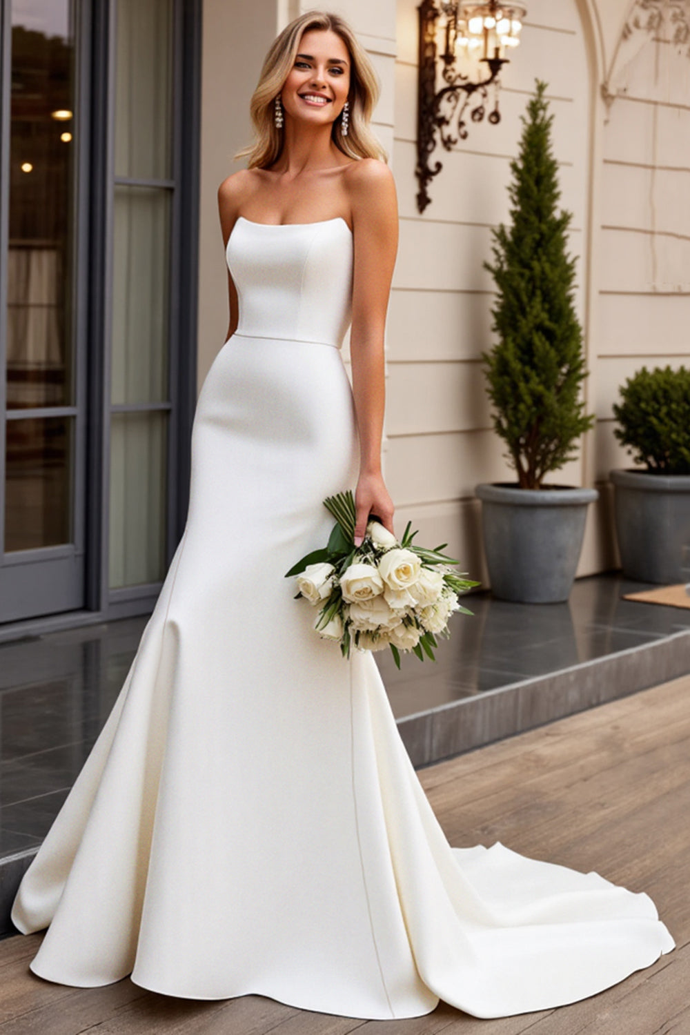 Ivory Strapless Satin Mermaid Wedding Dress