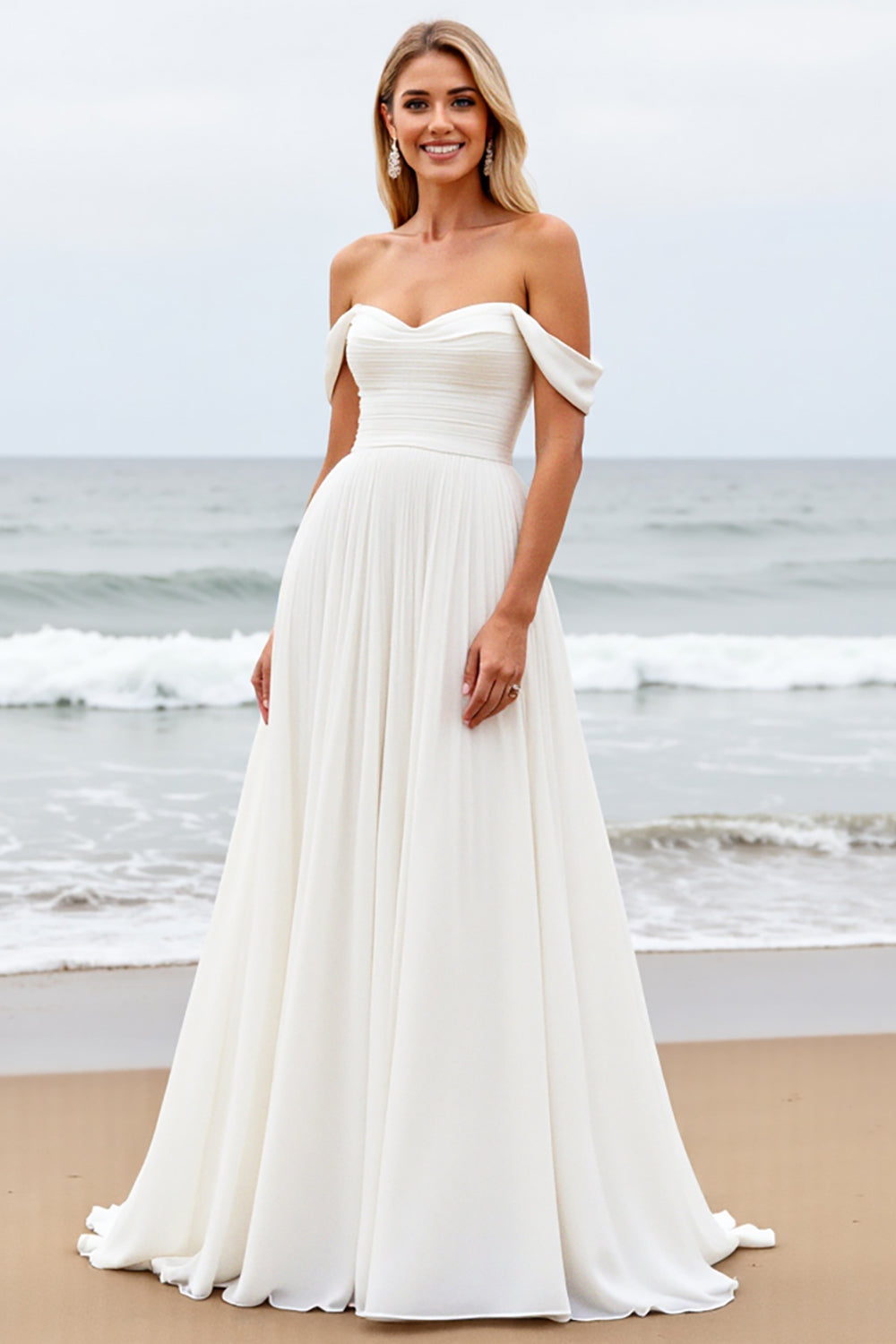 Simple Off The Shoulder Chiffon Ivory Wedding Dress