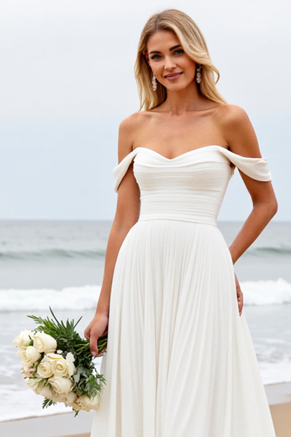 Simple Off The Shoulder Chiffon Ivory Wedding Dress