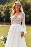 Ivory Long Sleeve Lace A Line Wedding Dress