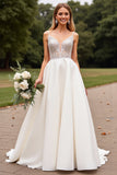 Ivory Spaghetti Straps Satin Wedding Dress With Lace
