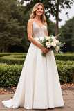 Ivory Spaghetti Straps Satin Wedding Dress With Lace