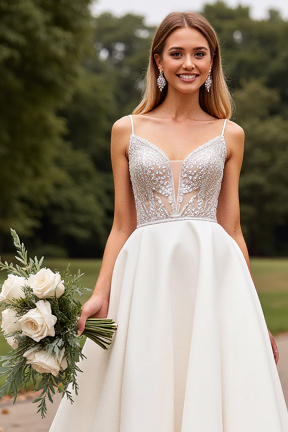 Ivory Spaghetti Straps Satin Wedding Dress With Lace